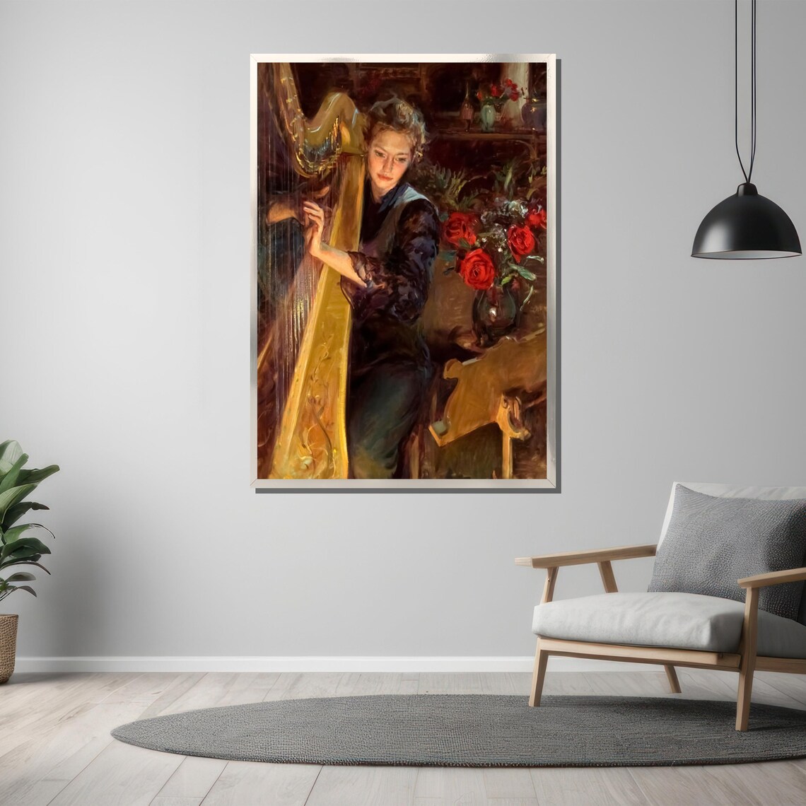 Woman Playing Golden Harp Classical Music Roses Painting Poster - Image 3