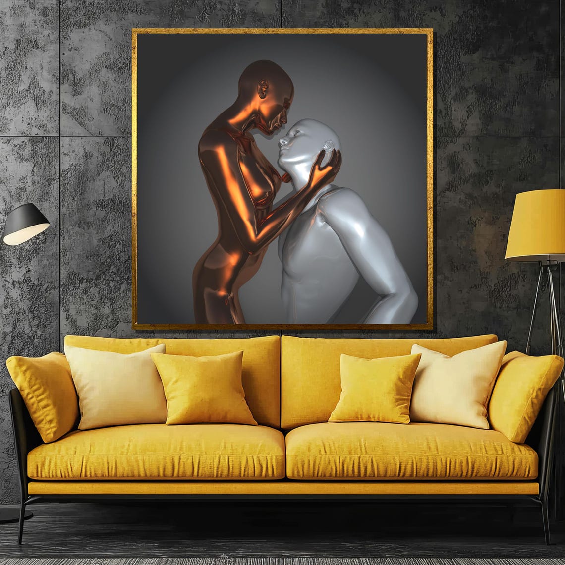 Copper And Silver Lovers Embrace Metallic Romance Art Poster