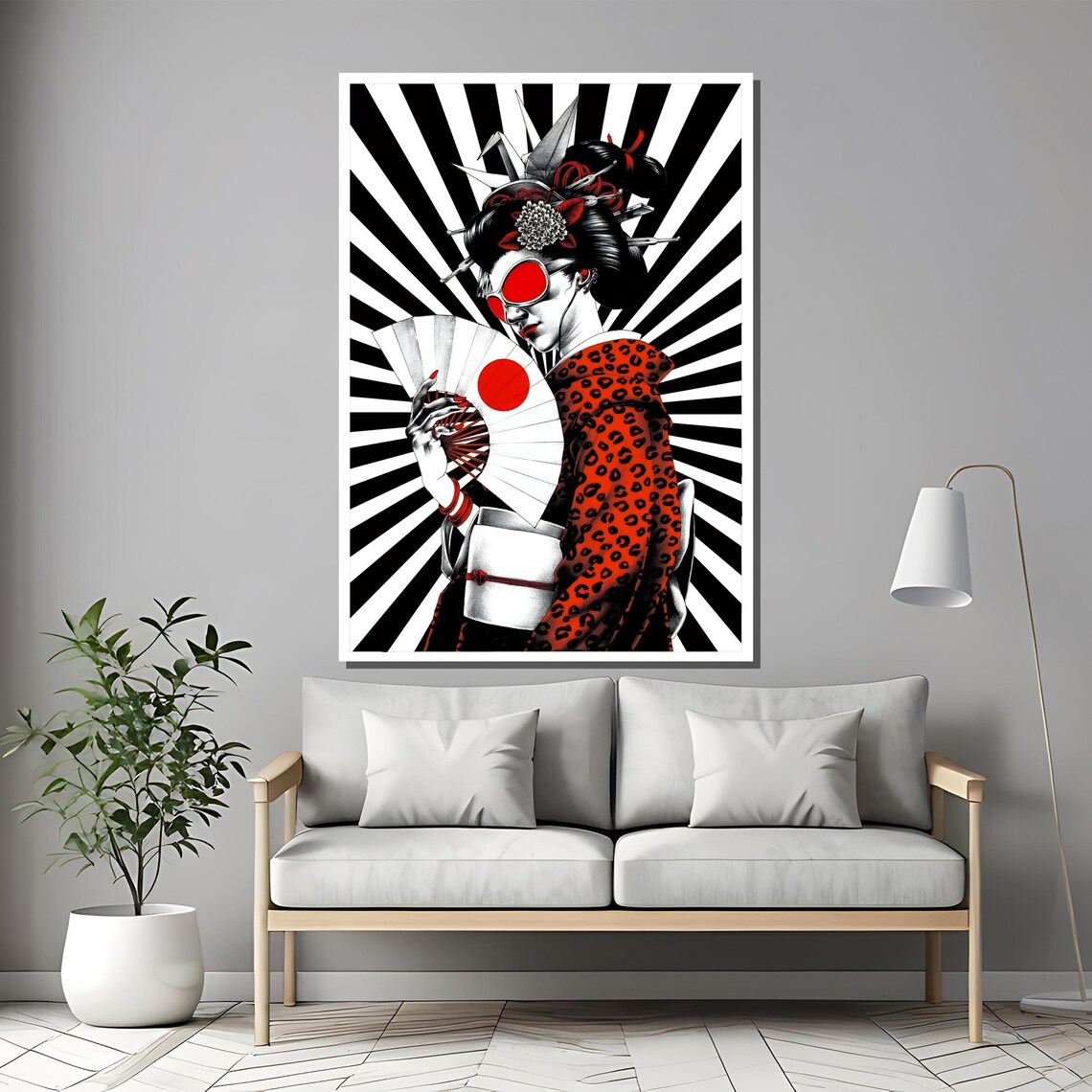 Japanese Geisha Red Black Fan Sunburst Graphic Art Elegant Poster - Image 2