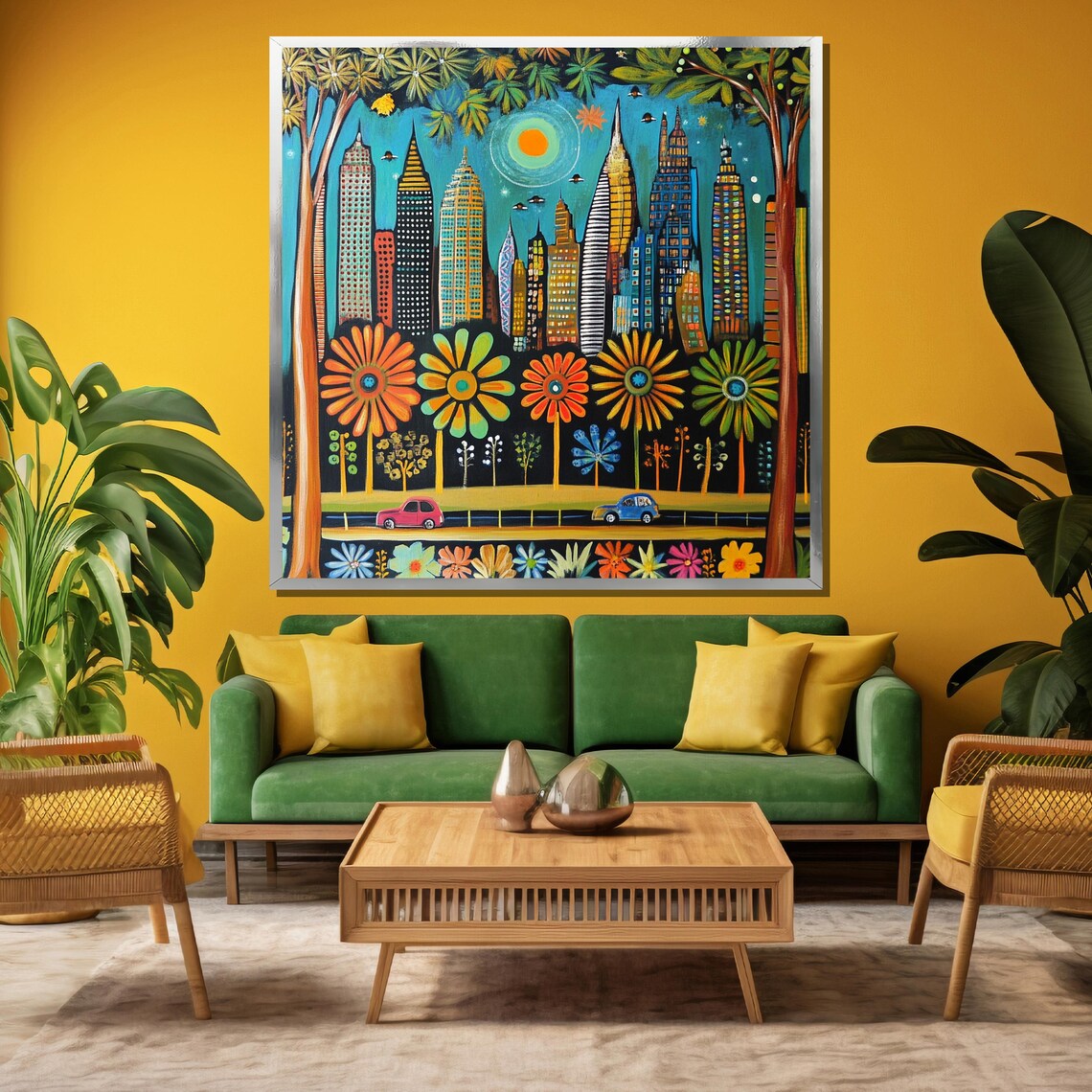 Colorful Whimsical City Skyline Flowers Folk Art Painting Poster - Image 4