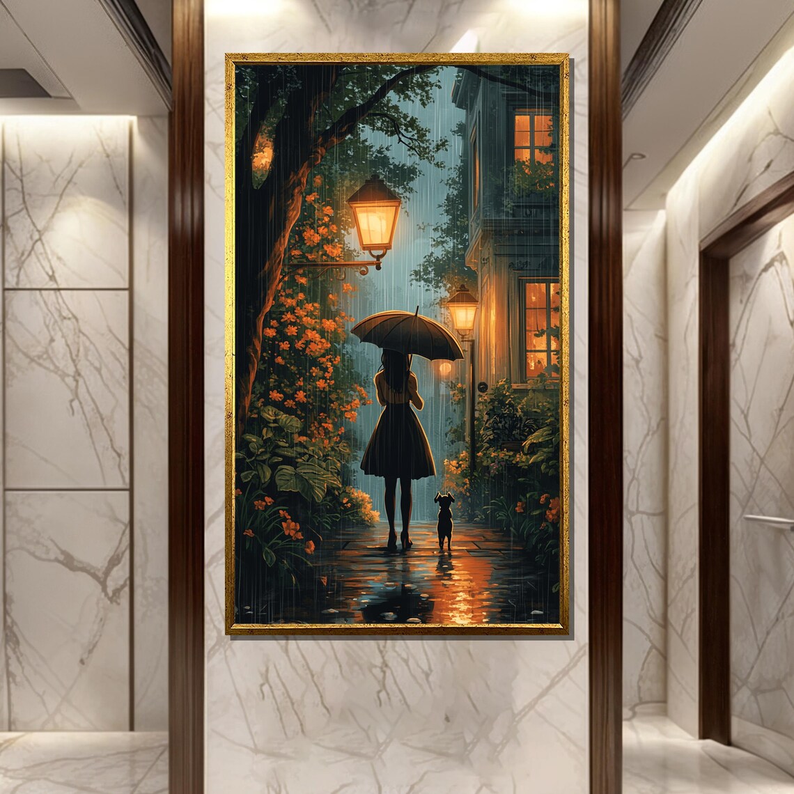 Rainy Night Street Girl With Umbrella And Dog Lamp Light Poster