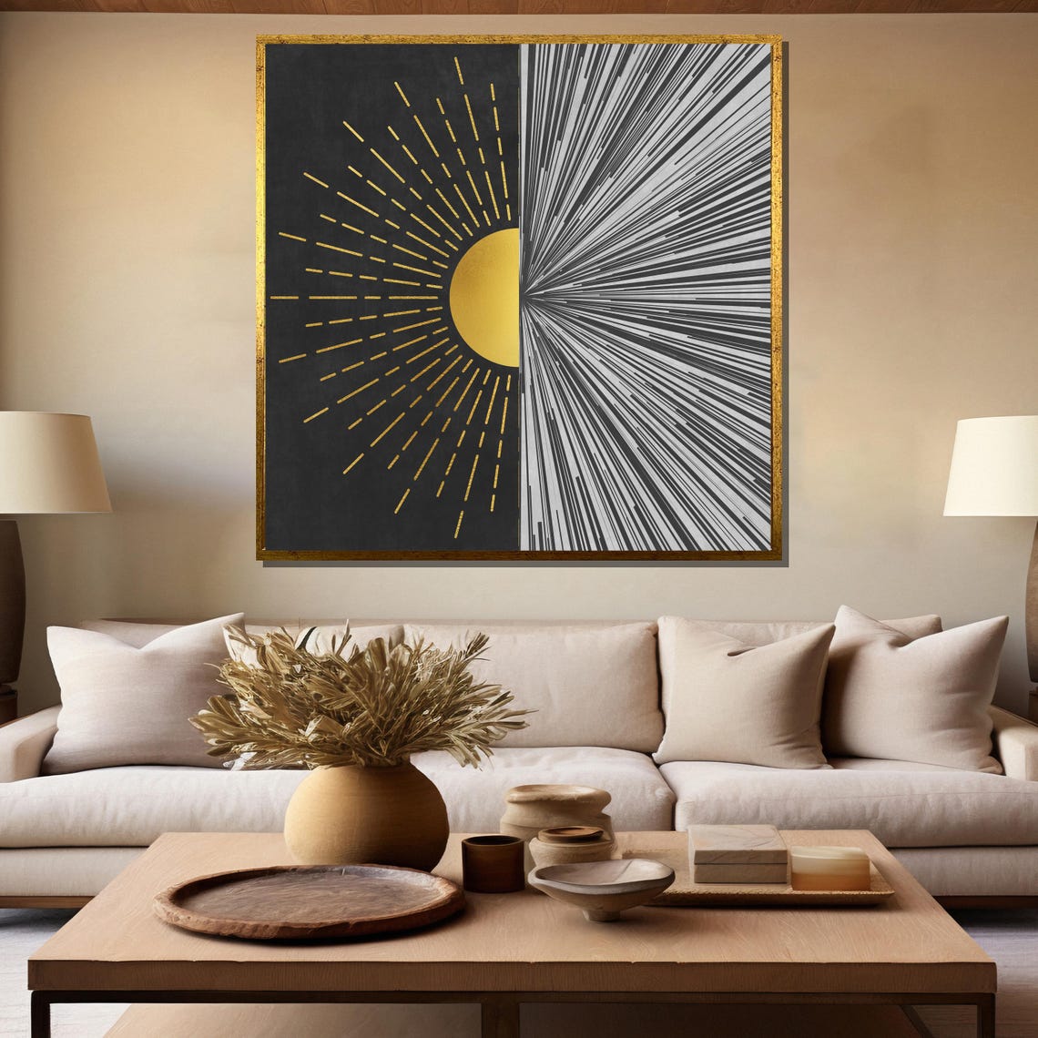 Split Sunburst Gold Rays Half Sun on Black Modern Abstract Poster