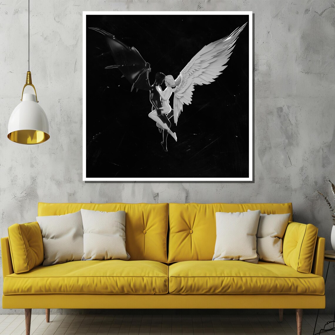 Angel and Demon Embrace, Black and White Art Print - Image 2