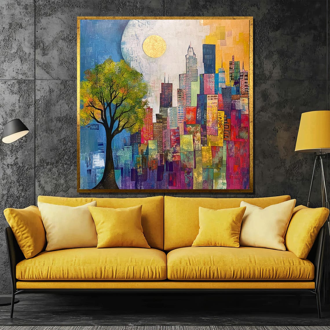 Colorful City Skyline With Tree and Golden Sun Mosaic Poster - Image 3