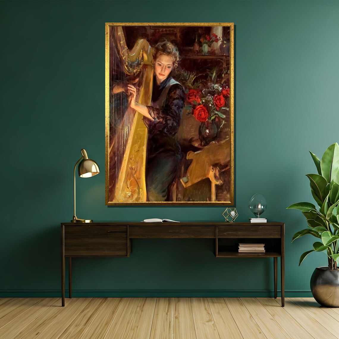 Woman Playing Golden Harp Classical Music Roses Painting Poster - Image 5