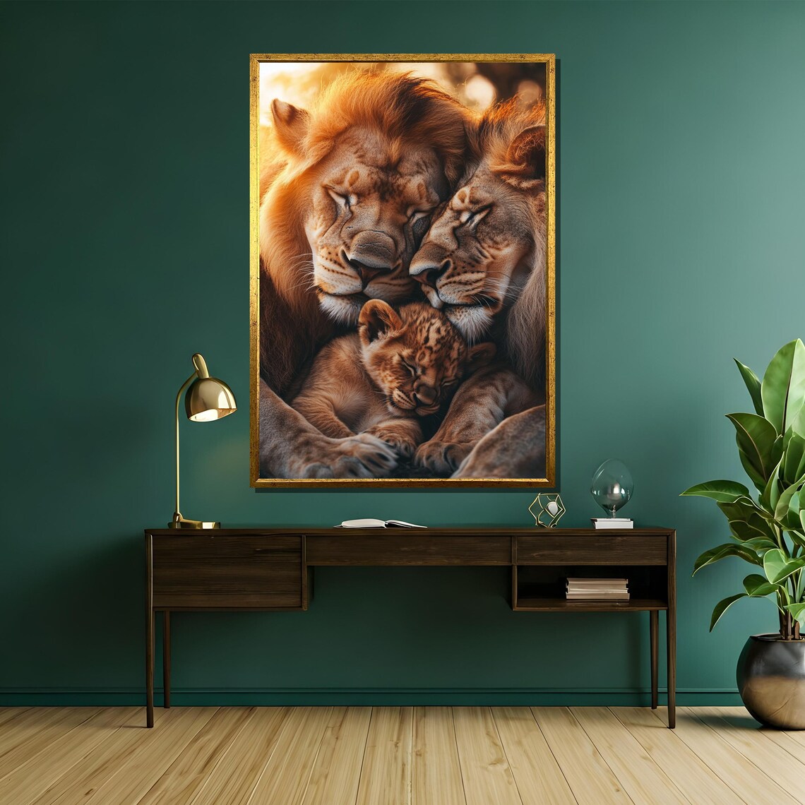 Sleeping Lion Family Cuddled Together In Golden Light Poster - Image 5