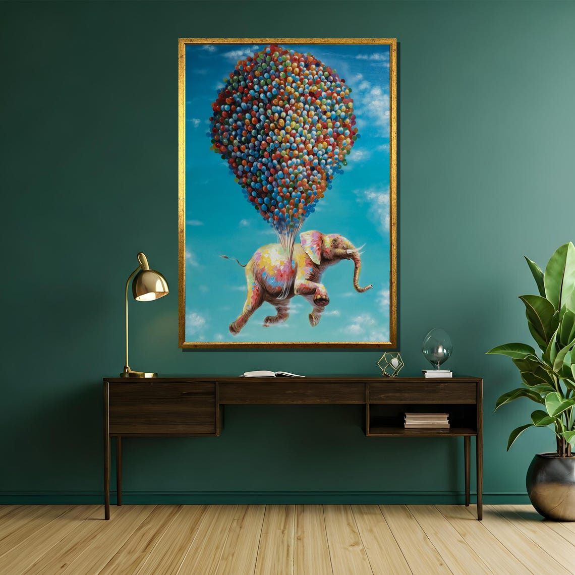 Joyful Rainbow Elephant Floating Away With Colorful Balloons Poster - Image 5