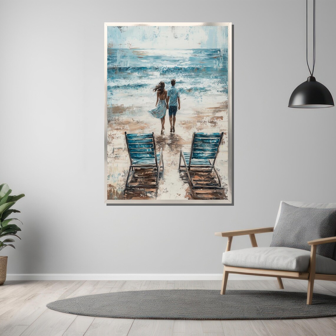 Romantic Couple Walking To The Ocean Past Two Blue Beach Chairs Poster - Image 3