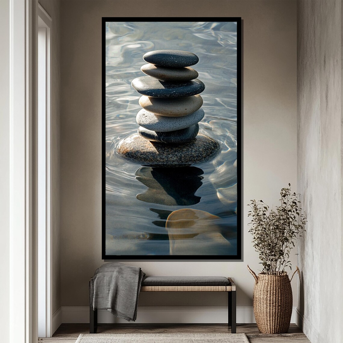 Balanced Cairn of Smooth Stones in Rippling Blue Water Poster - Image 4