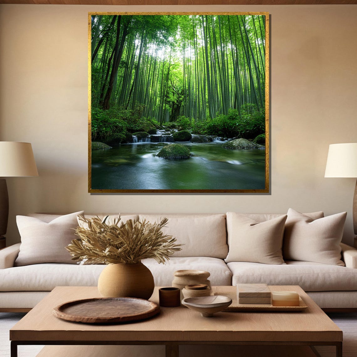 Towering Green Bamboo Forest Beside a Tranquil Stream Art Poster - Image 5