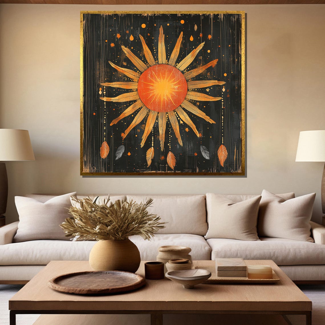 Boho Sunburst Painting Mystic Sun And Feathers Wall Art Spiritual Celestial Decor Unique Gift For Astrology Lovers - Image 5