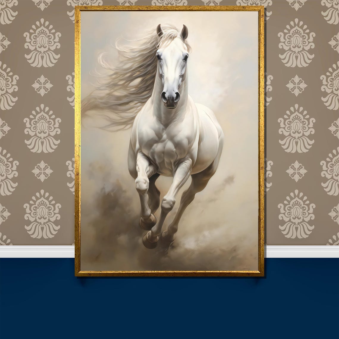 Graceful White Horse Galloping With Flowing Mane In Mist Poster