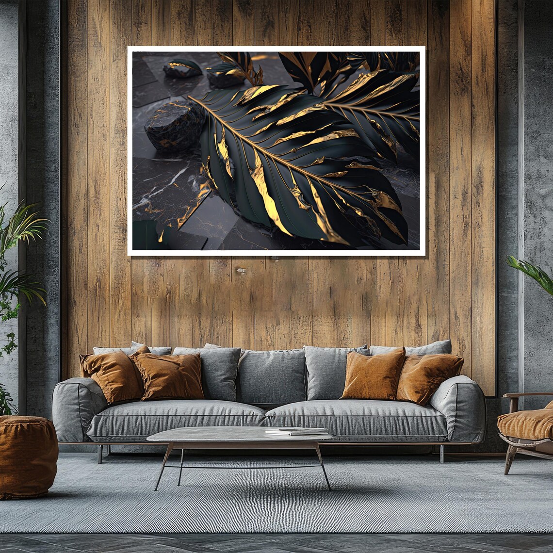 Black And Gold Tropical Leaf On Dark Marble Luxury Art Poster - Image 2