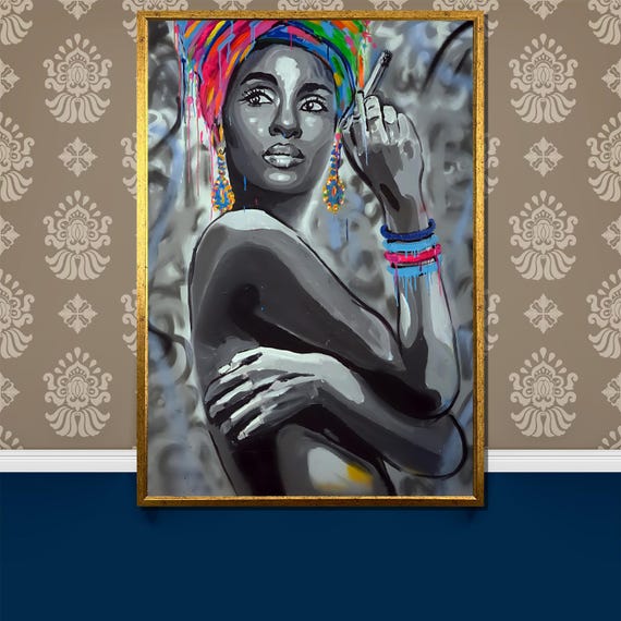 Monochrome Afro Woman With Colorful Headwrap Painting Bold Ethnic Portrait Art Unique Wall Decor And Gift For Art Lovers