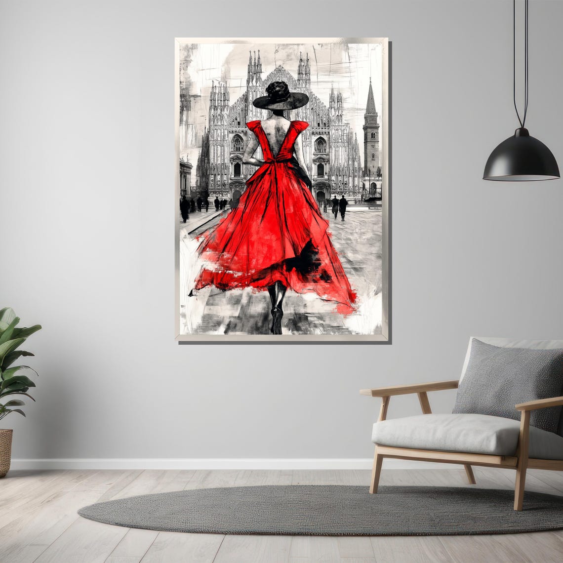 Elegant Lady in Flowing Red Dress Before a Gothic Cathedral Poster - Image 3