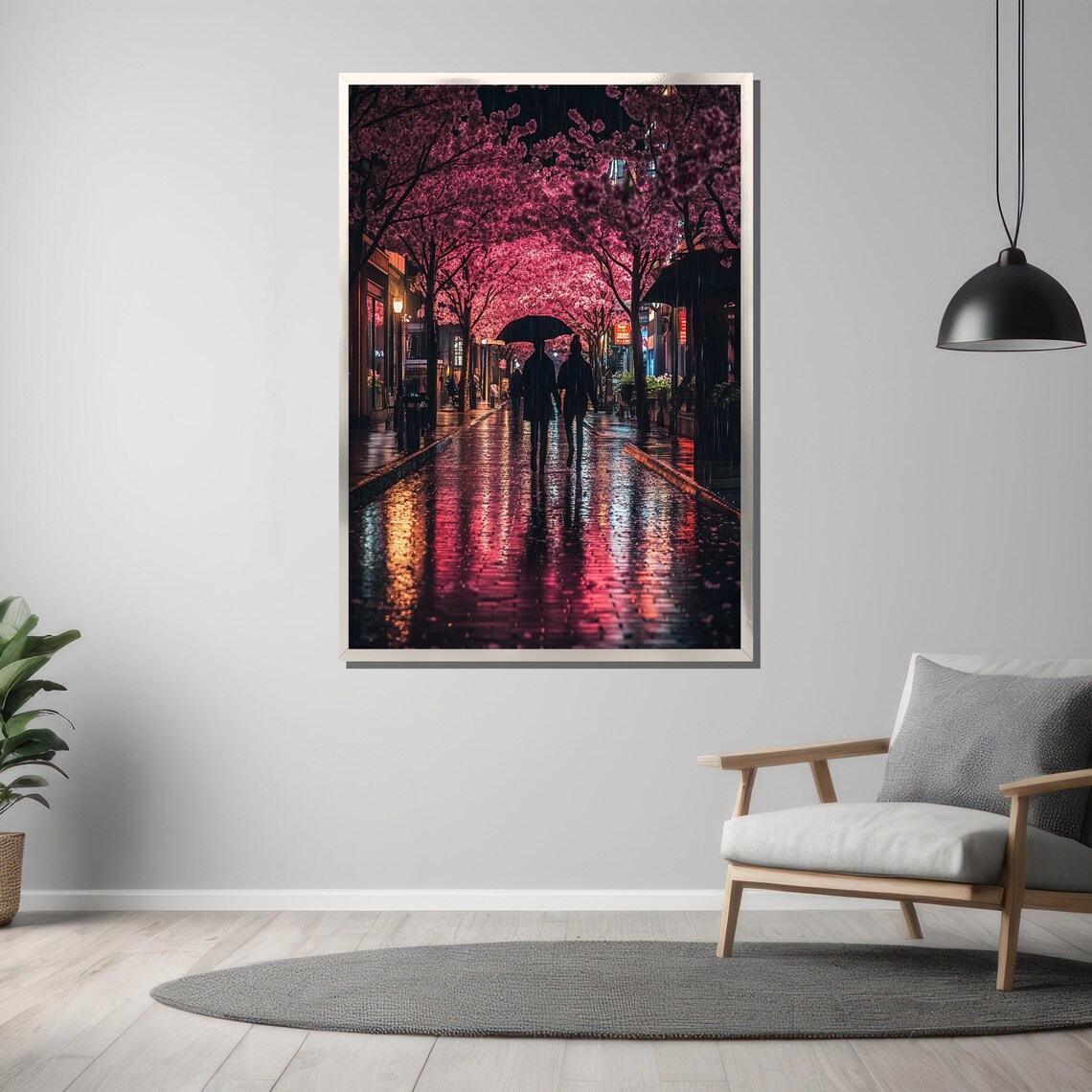 Cherry Blossom Rain Night Couple Under Umbrella City Street Poster - Image 3