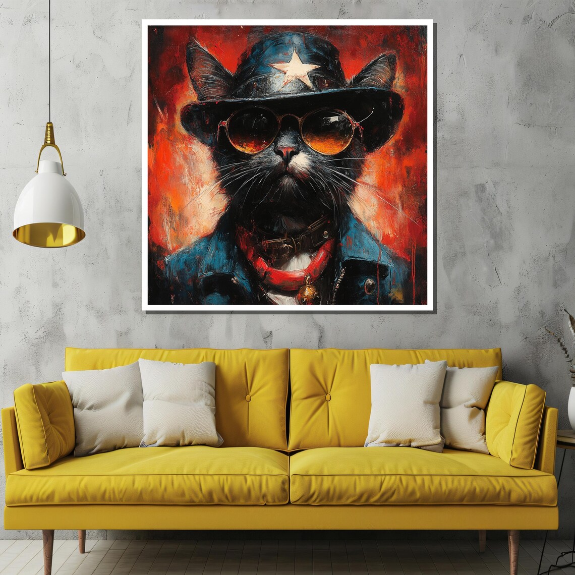 Rebel Black Cat in a Cowboy Hat and a Leather Jacket Portrait Poster - Image 2