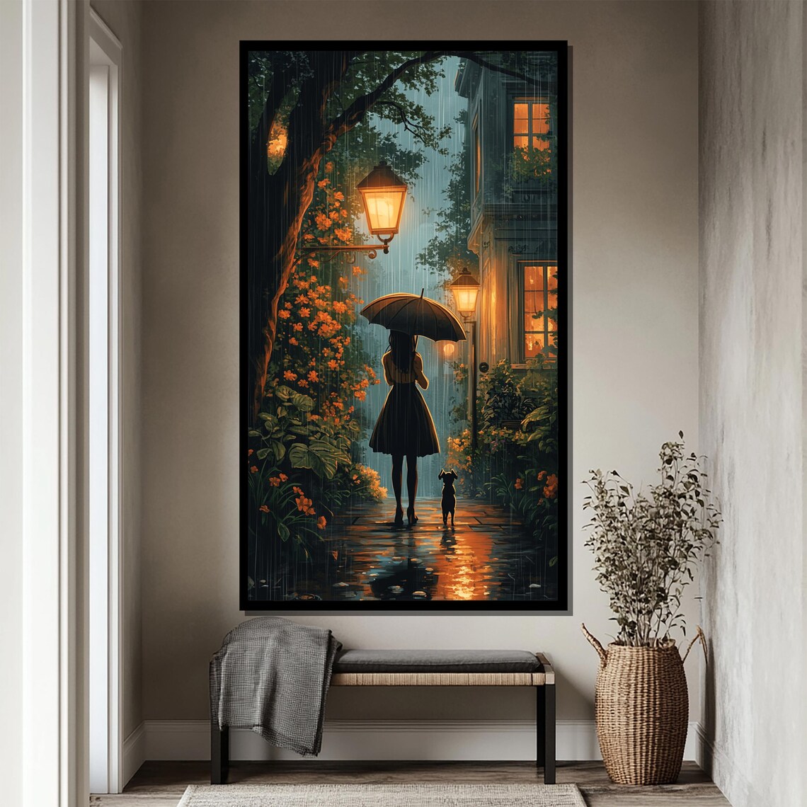 Rainy Night Street Girl With Umbrella And Dog Lamp Light Poster - Image 4