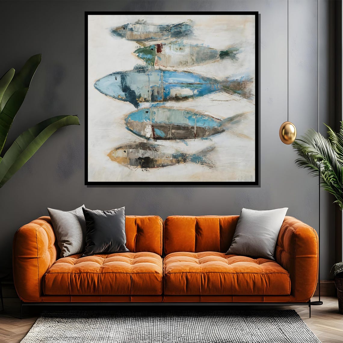 Abstract Blue Fish School Swimming on White Background Poster - Image 4