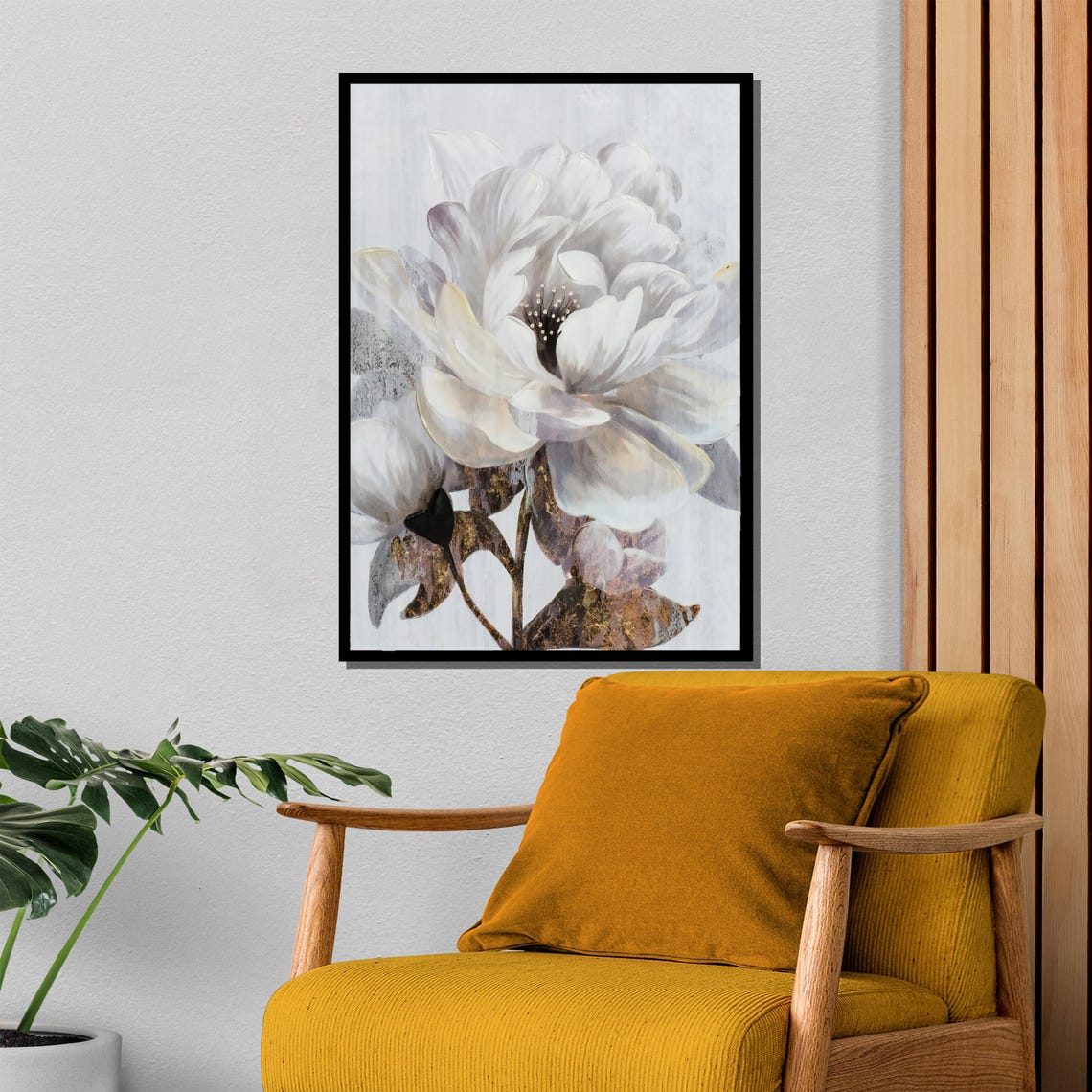 White Magnolia Close Up with Dark Gold Accented Leaves Poster - Image 4