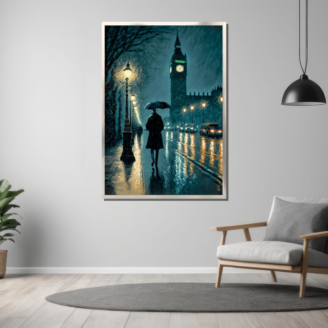 Rainy Night London Big Ben Glowing Clock Moody Travel Poster - Image 3