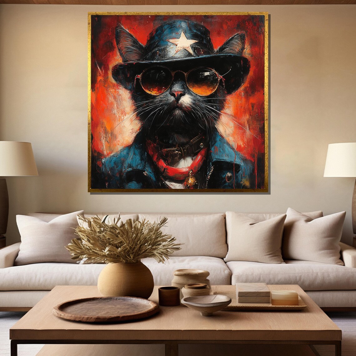 Rebel Black Cat in a Cowboy Hat and a Leather Jacket Portrait Poster - Image 5