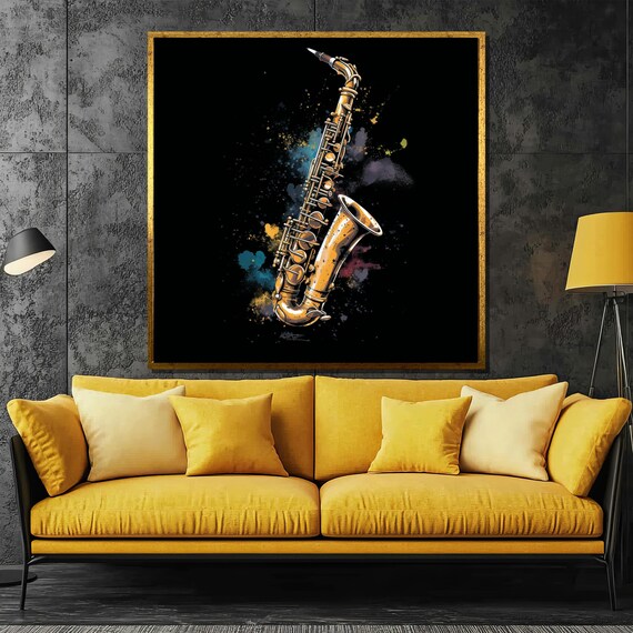 Golden Saxophone on Black With Colorful Paint Splash Art Poster