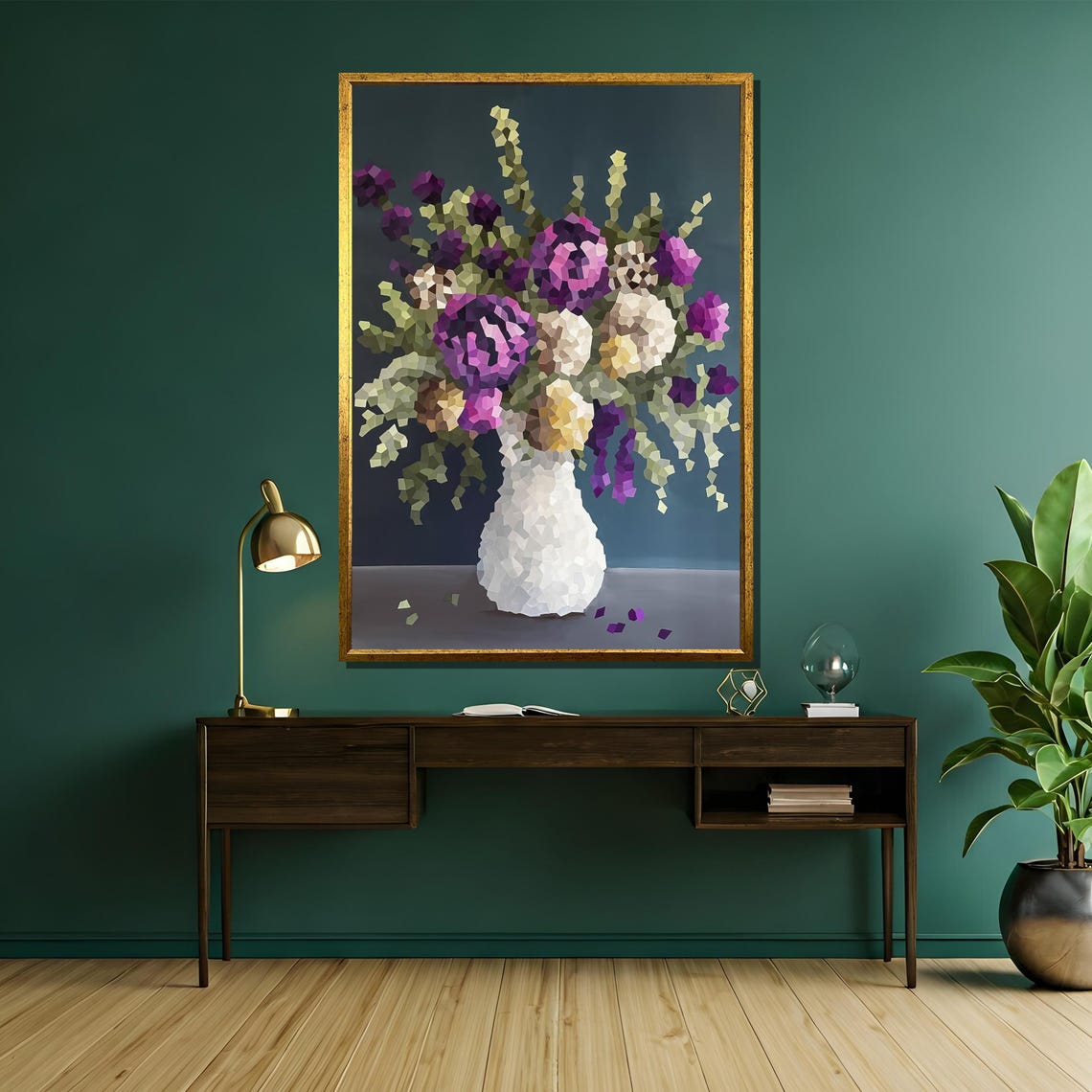 Pixelated Purple Flower Bouquet in a White Vase Modern Art Poster - Image 5