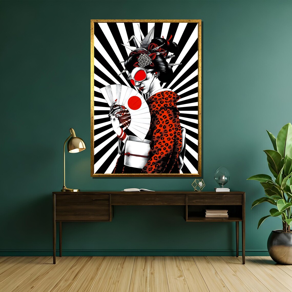 Japanese Geisha Red Black Fan Sunburst Graphic Art Elegant Poster - Image 5