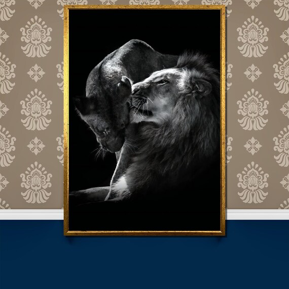 Romantic Lion Couple Black and White Wildlife Photography Art Poster