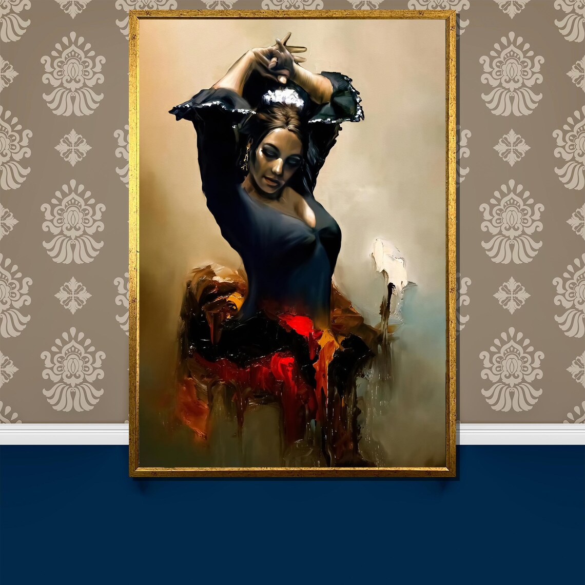 Flamenco Dancer with Raised Arms Dark Ruffled Dress Painting Poster