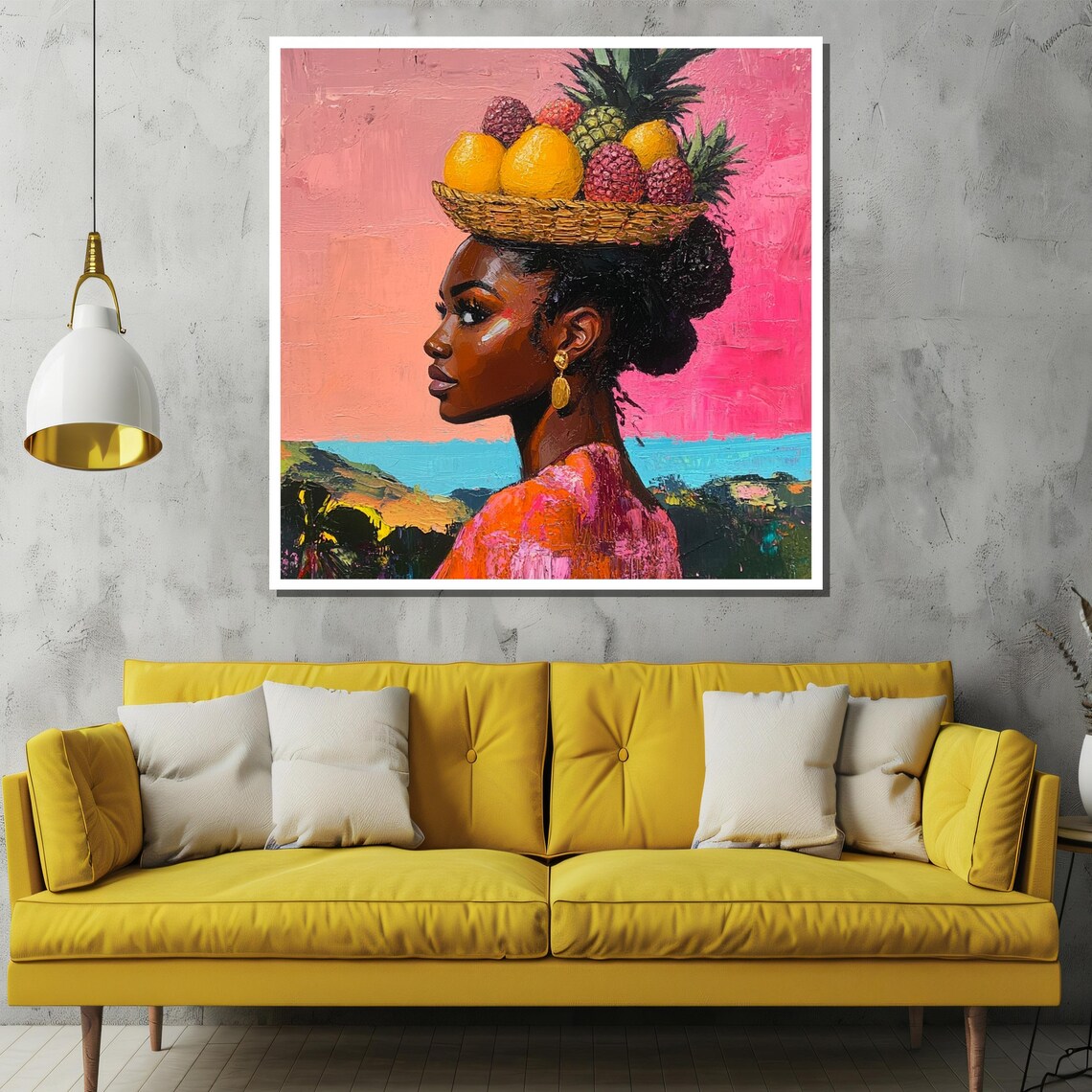 Vibrant Caribbean Woman With Tropical Fruit Basket Pink Art Poster - Image 2