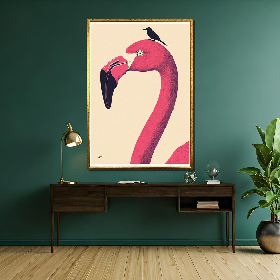 Pink Flamingo Minimalist Bird With Tiny Black Bird Art Poster - Image 5
