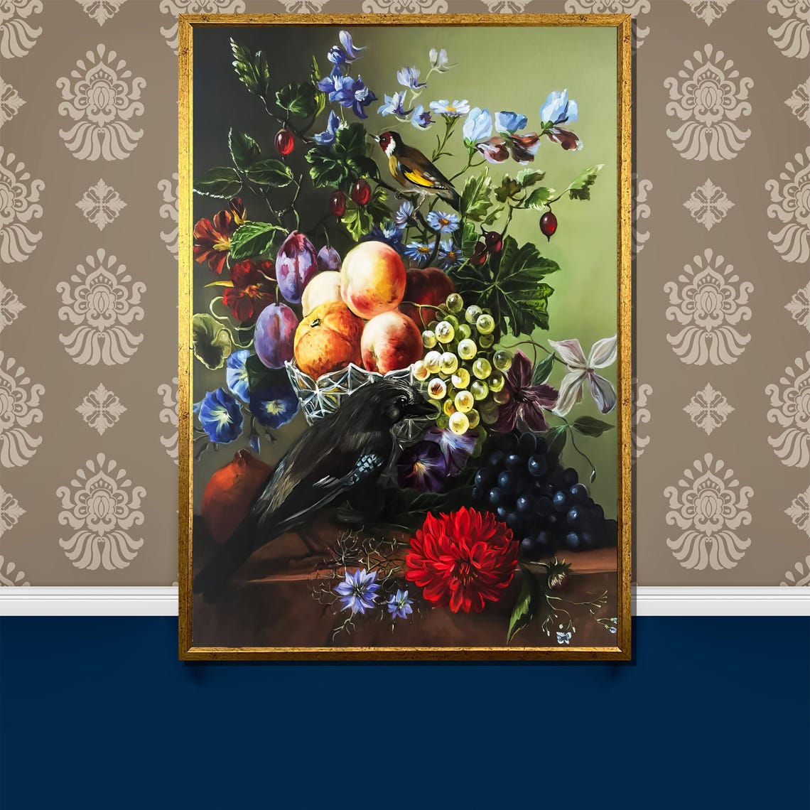 Classical Still Life Fruit Bowl with Birds and Dahlia Poster