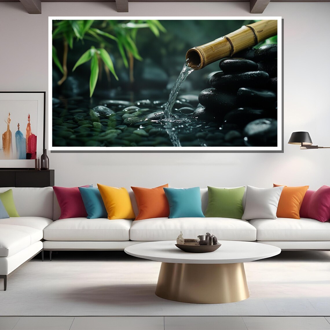 Bamboo Fountain Pouring Water Over Smooth Black Pebbles Poster - Image 2