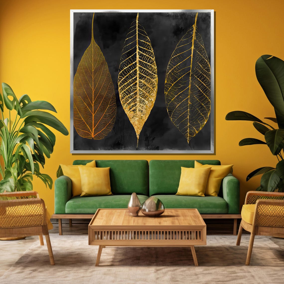 Three Golden Leaves On Black Modern Botanical Dark Night Poster - Image 3