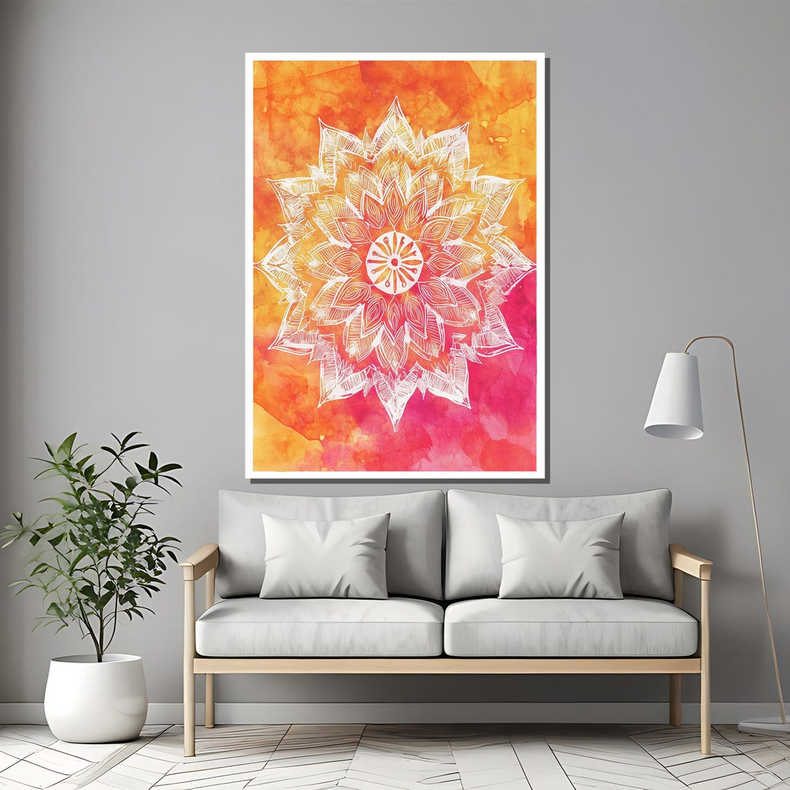 White Mandala Flower on Orange Pink Watercolor Sunset Art Poster - Image 2