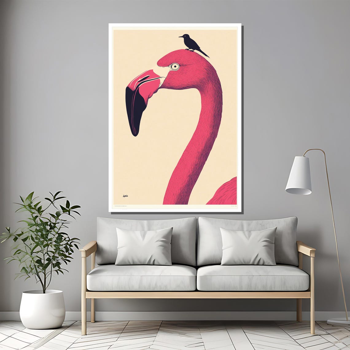 Pink Flamingo Minimalist Bird With Tiny Black Bird Art Poster - Image 2
