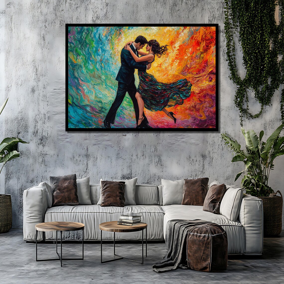 Passionate Couple Dancing In A Swirl Of Teal Orange And Red Paint Poster - Image 4