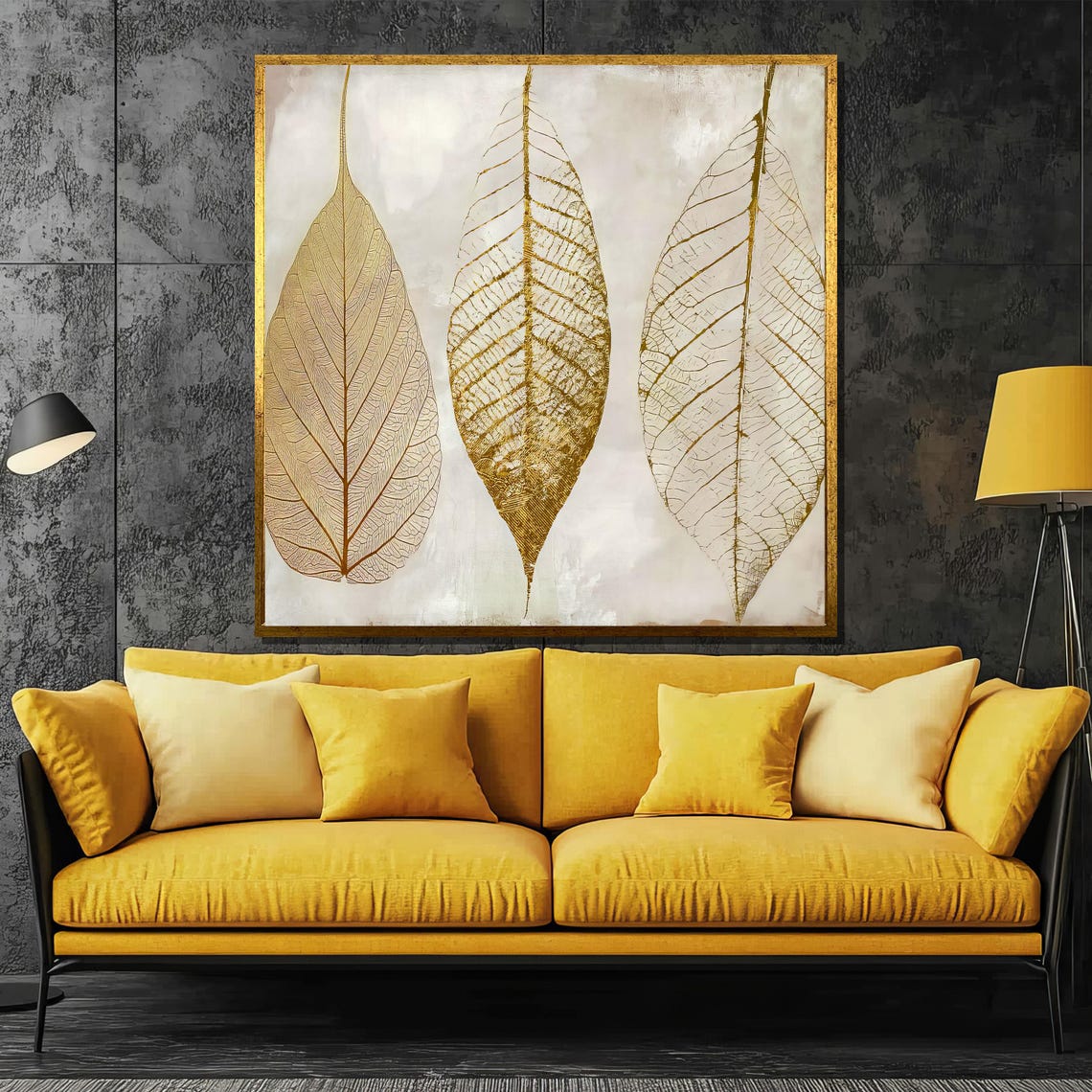 Three Golden Skeleton Leaves on a Cream Minimalist Art Poster