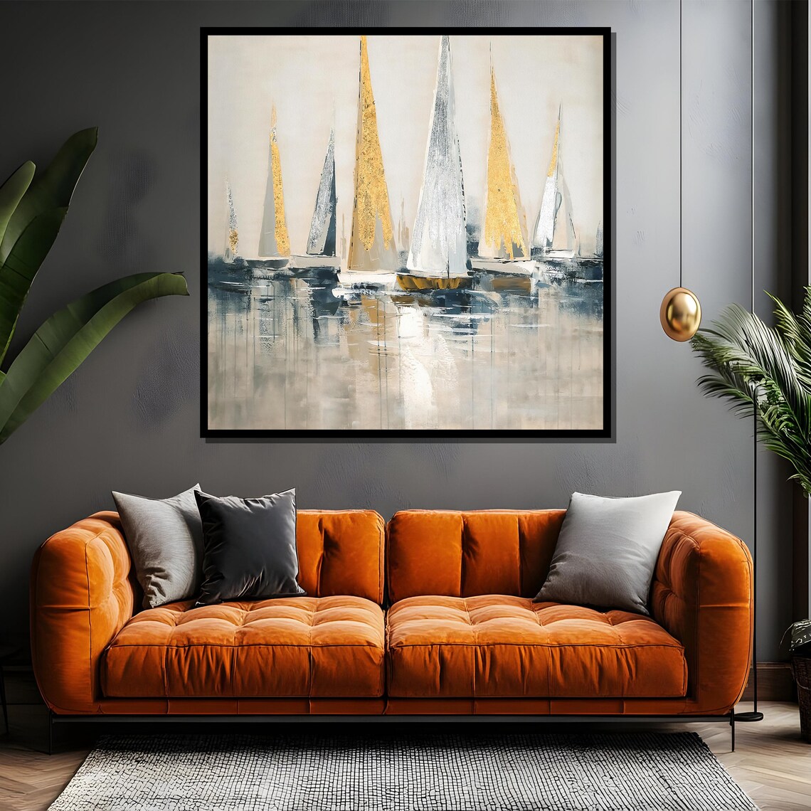 Abstract Golden Sailboats Grey Textured Nautical Modern Poster - Image 4
