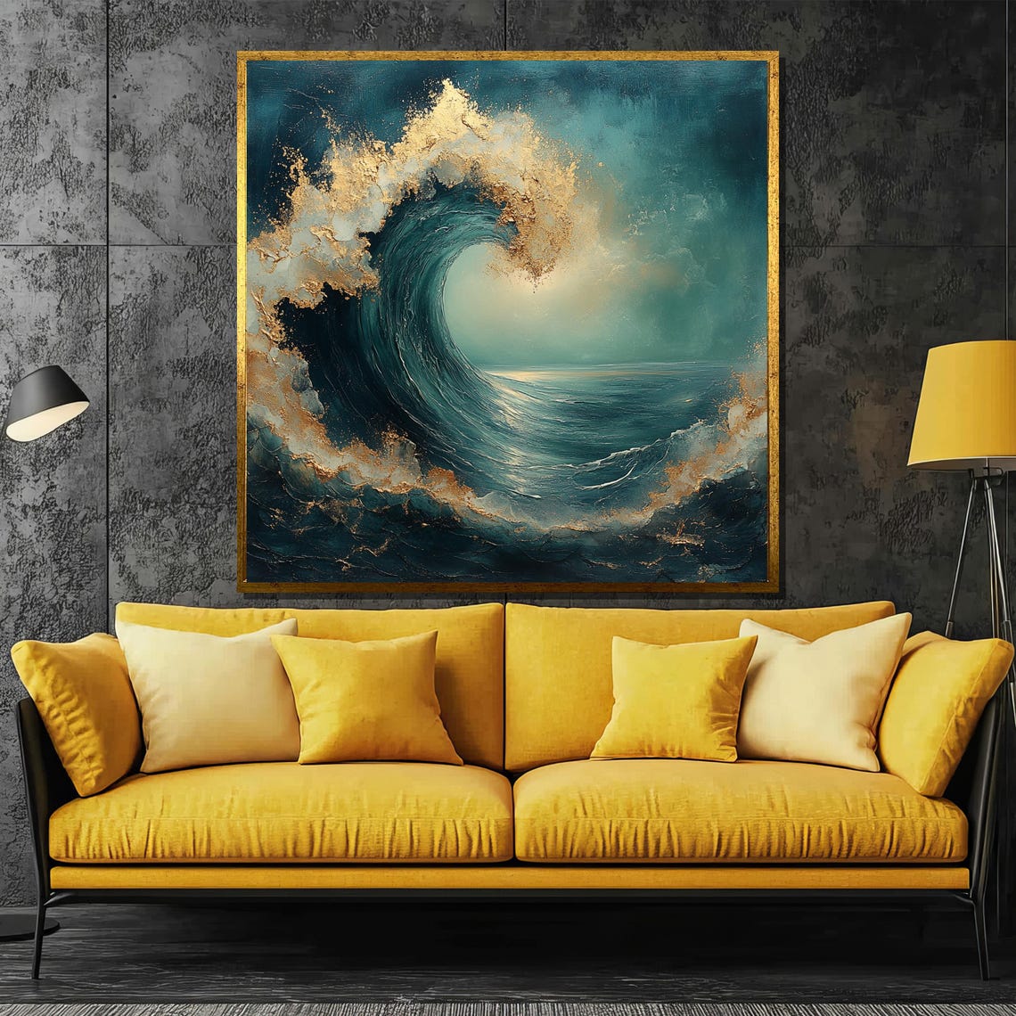 Teal Ocean Wave With Gold Spray Dramatic Coastal Wave Poster - Image 3