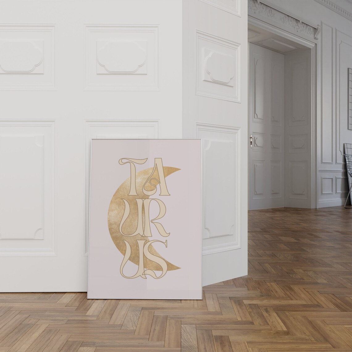 Taurus Gold Crescent Moon Art Nouveau Blush Pink Zodiac Typography Poster - Image 4