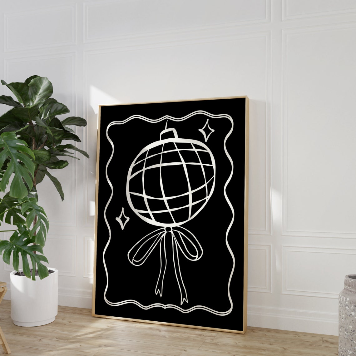 White Line Art Disco Ball With Bow On Black Wavy Frame Poster - Image 3