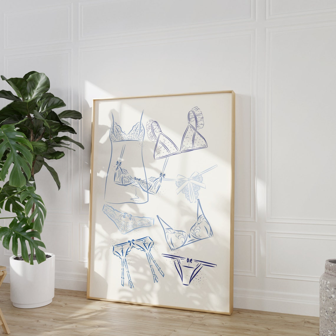 Blue Girly Lingerie Line Art Drawing Coquette Bedroom Wall Art - Image 2