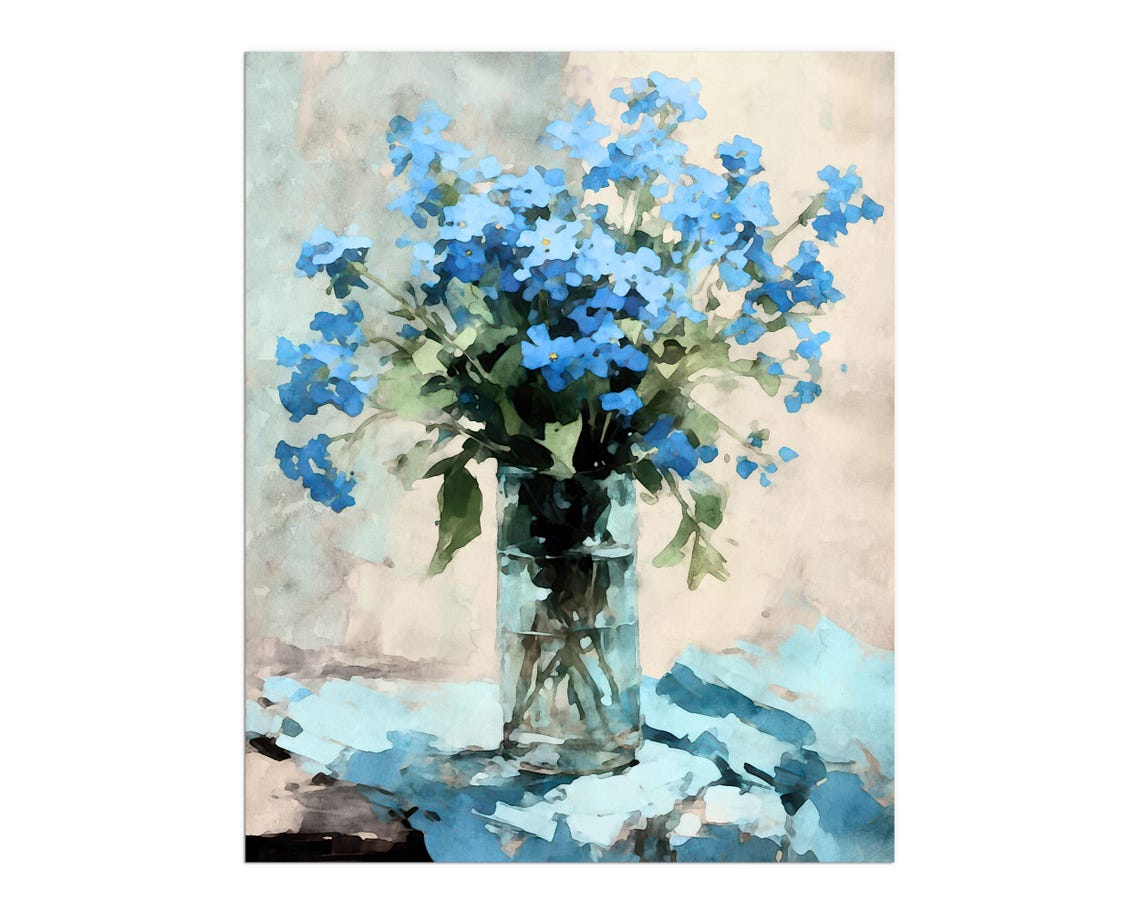 Blue Forget Me Not Flowers Glass Vase Impressionist Watercolor Print