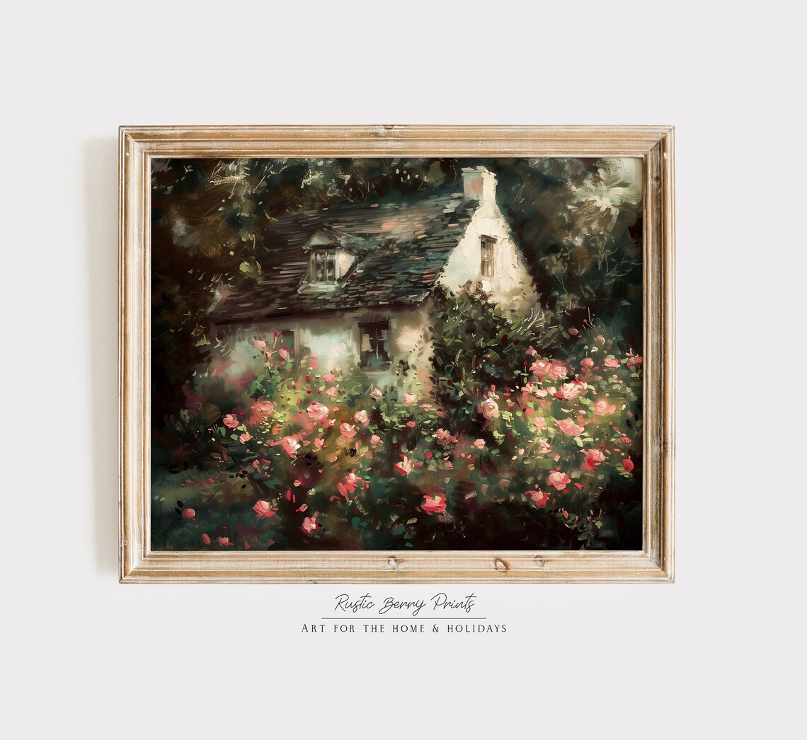 English Country Cottage Pink Rose Garden Moody Oil Painting Art Poster