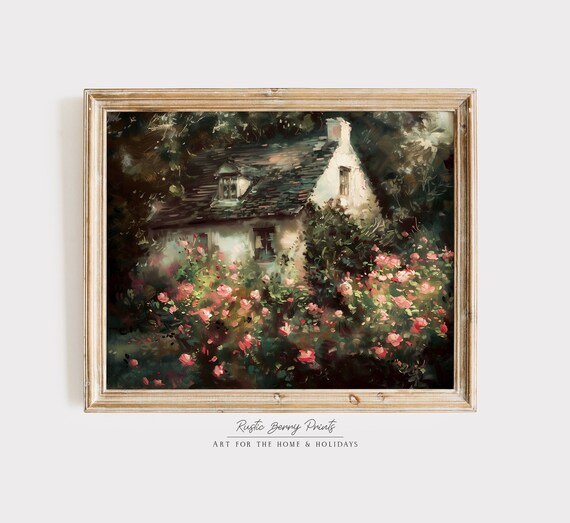 Vintage Cottage Oil Painting Wall Art Garden Pink Flowers Spring Decor Moody Cottagecore Academia
