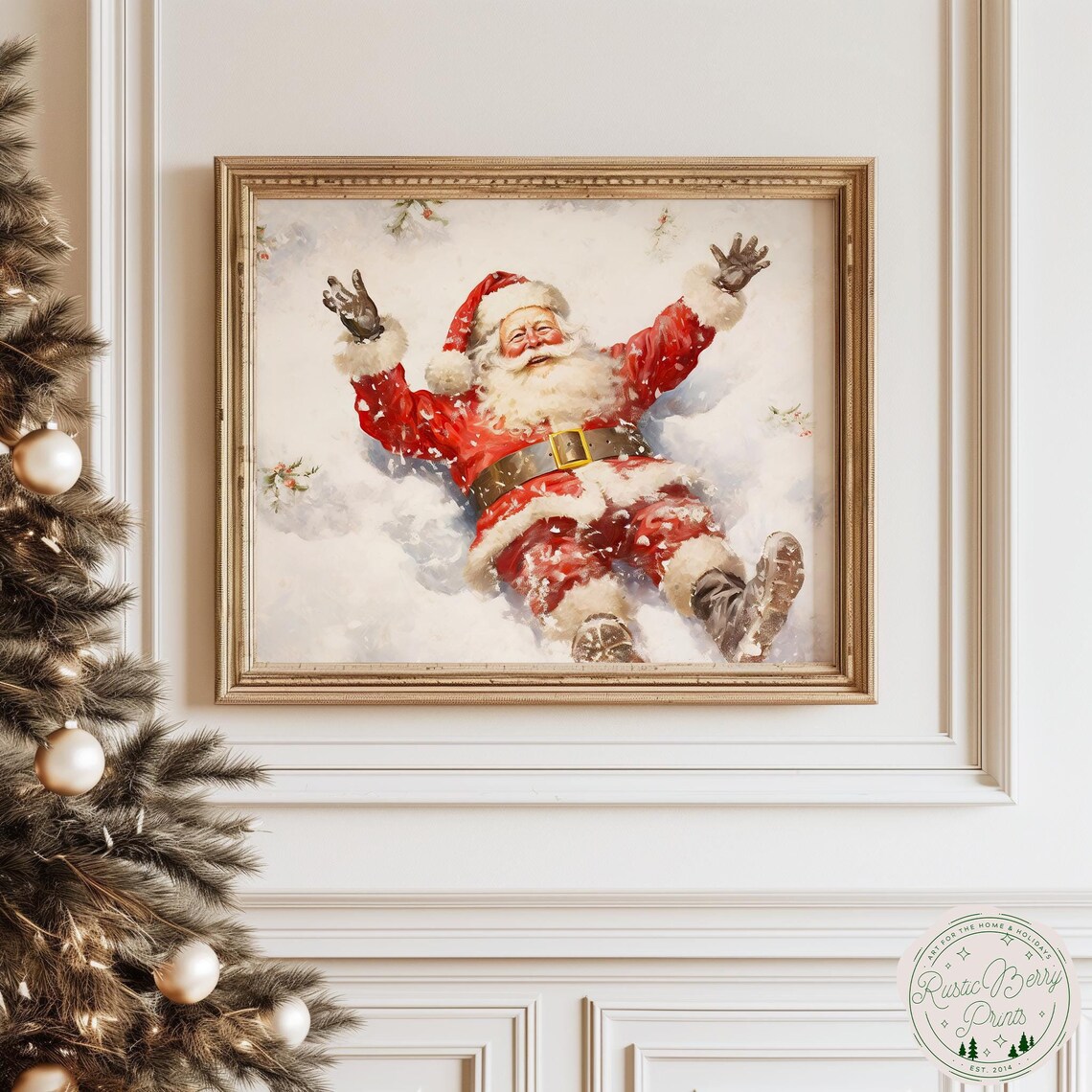Vintage Santa Claus Snow Angel Red Suit Christmas Holiday Wall Art