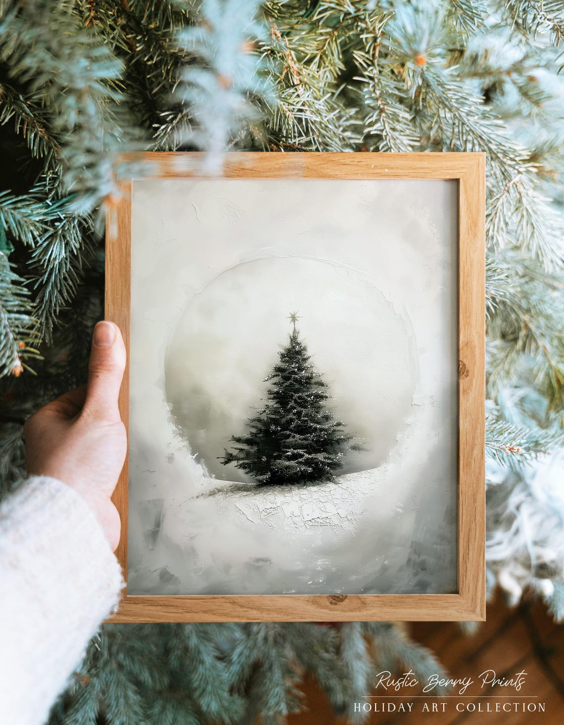 Dark Pine Tree Moonlit Circle Minimalist Neutral Winter Wall Art